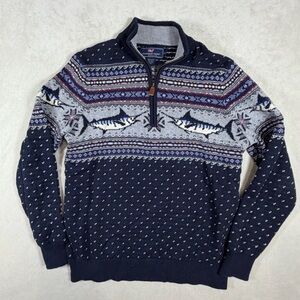 Vineyard Vines Medium Nautical Swordfish Fair Isle Navy Quarter Zip  Sweater